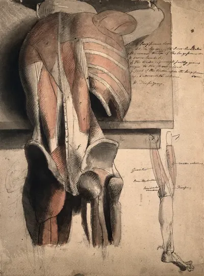 A prone écorché figure, seen from behind, resting on a table, with the bones and muscles of the trunk, pelvis and thighs indicated, and a sketch of an écorché leg
