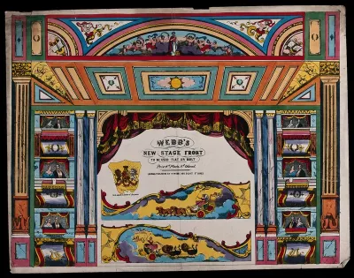 A proscenium to be used in a toy theatre: stage front with surrounding boxes for the audience