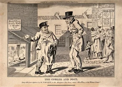 A prosperous cobbler in Grub Street recommends his shop to a hungry poet