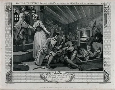 A prostitute gives evidence to a magistrate: she points towards Tom Idle dividing loot with his accomplice, as a corpse is being disposed of through a trapdoor