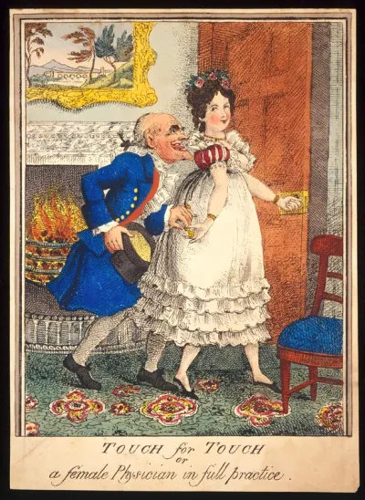 A prostitute leading an old man into the bedroom and taking money from him; implying that her services will act like a tonic and preserve his state of health