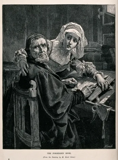A Protestant man and woman interrupted while reading the forbidden Bible