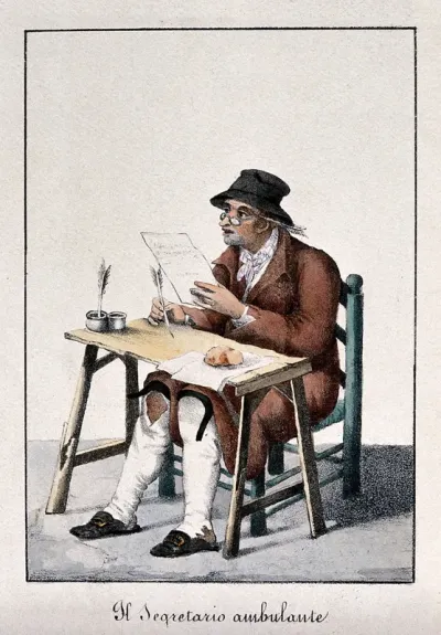 A public letter-writer sits at a desk reading what he has written with his quill pen