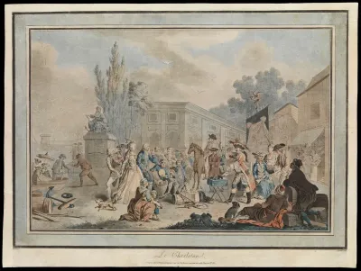 A public square in a French port, in which a medicine vendor cries up his wares to an audience of traders and strollers