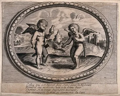 A putto with an arrow in his heart is asking a putto who is holding a urine flask for help; comparing love to medical treatment of a wound