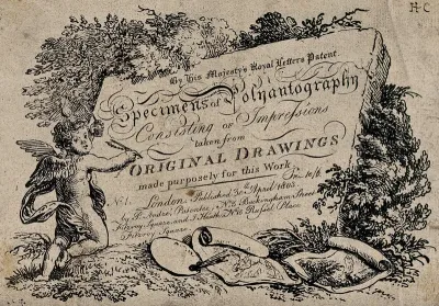 A putto writing with pen and ink on a lithographic stone