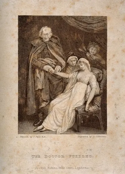 A puzzled physician taking the pulse of a young female patient, a boy in the backgroung is pointing to arrows, suggesting that the malady is lovesickness