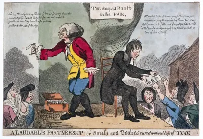 A quack doctor and a dissenting parson selling their respective goods from a fairground booth