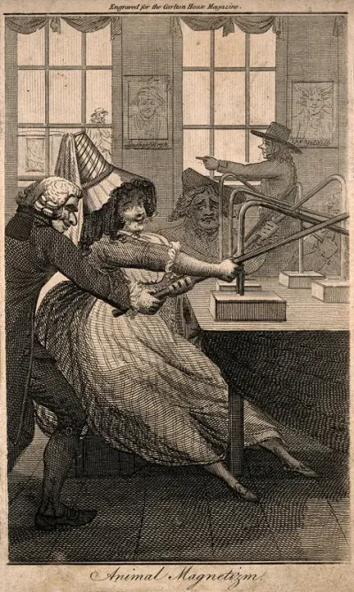A quack doctor assisting a voluptuous female patient with group magnetic therapy