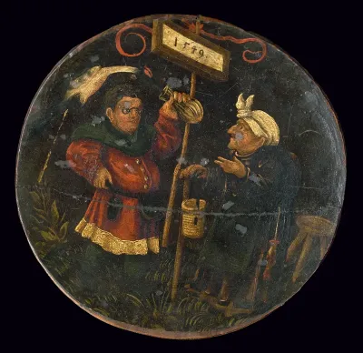 A quack-doctor examining a urine flask