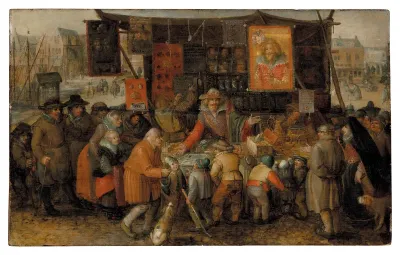 A quack selling potions and remedies in a square