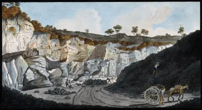 A quarry from which stones were cut to make the pavements of Naples, showing strata of lava from Mount Vesuvius