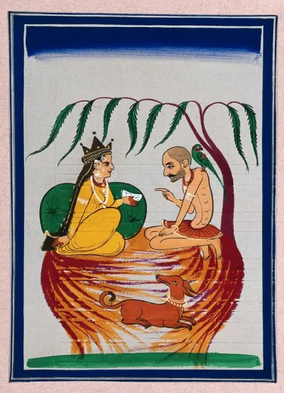 A queen (?) consults a hermit sitting under a tree along with his dog