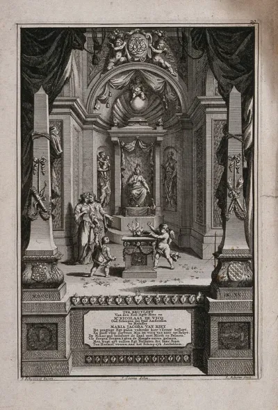 A queen sits on a throne in ornate surroundings, below is an inscription to the wedding of Nicolaas de Vicq and Maria Jacoba van Reit