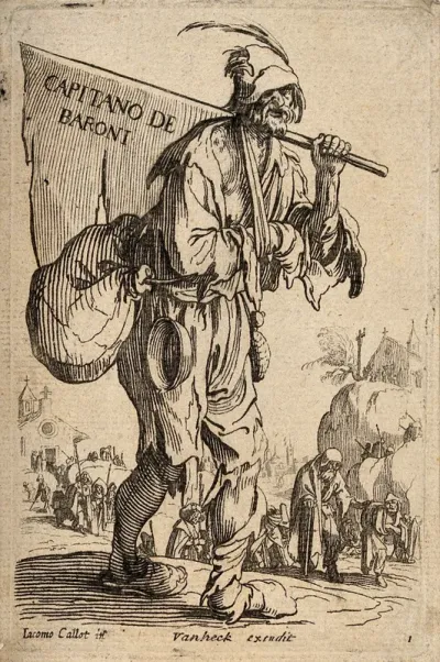 A ragged beggar carrying a banner reading "Capitano de baroni" leads a procession of lame people and beggars out of a village