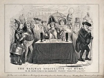 A railway speculator (James Plush, Jeames de la Pluche) sitting at a table handing out railway share certificates to people (?)