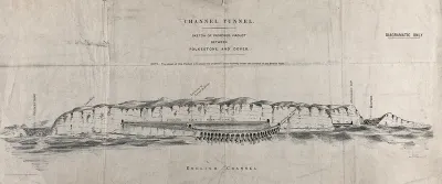 A railway viaduct over the sea between Dover and Folkestone forming the entrance to a tunnel under the English Channel