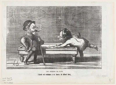 A rainy day: The guest is condemned to six hours of billiards, from 'The joys of country life,' published in Le Charivari, October 4, 1865