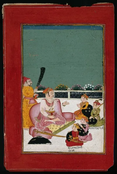 A Rajasthani Maharaja seated before four princes, Prince Jagannath, Prince Gopinath, Prince Madhosidh (?) and Prince Harisidh(?)