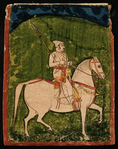 A Rajput with a lance and dagger and sword, riding a horse