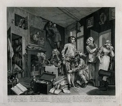A rake, Tom Rakewell, is measured for new clothes while a servant is hanging the room in black to show mourning