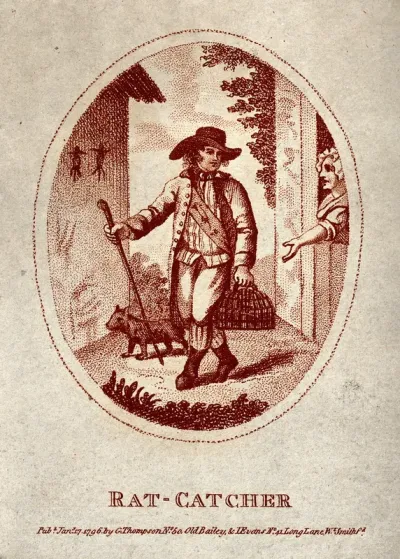 A rat-catcher and his dog; to the right a woman looks on