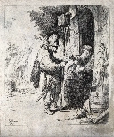 A rat-catcher and his young assistant standing at a doorway are having their services refused by an old man; the rat-catcher holds a long stick with a cage on top containing rats, on his right shoulder sits a rat