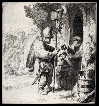 A rat-catcher and his young assistant standing outside a doorway having their services refused by an old man: the rat-catcher holds a long stick with a cage on top of it containing rats, on his right shoulder sits a rat