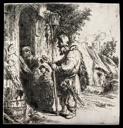 A rat-catcher and his young assistant standing outside a doorway having their services refused by an old man; the rat-catcher holds a long stick with a cage on top containing rats and on his left shoulder sits a rat