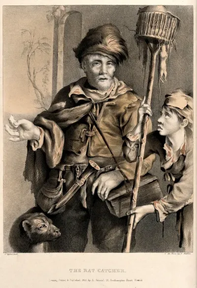 A rat-catcher, carrying a box over his shoulder, is accompanied by a boy holding a cage on a long stick with rats in it