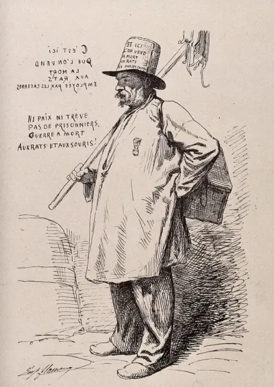 A rat-catcher carrying a pole with dead rats suspended from it, a box strapped over his left shoulder and wearing a hat advertising his occupation