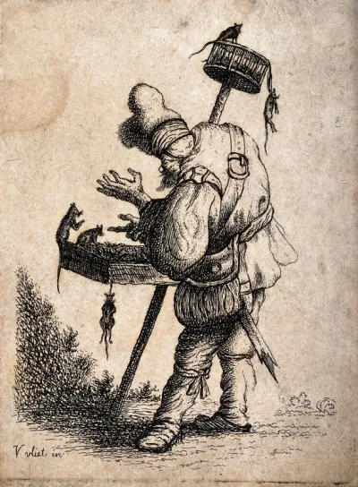 A rat-catcher enticing rats in to a tray which is strapped around his shoulder; he also holds a pole with a cage on top of it in which rats are trapped