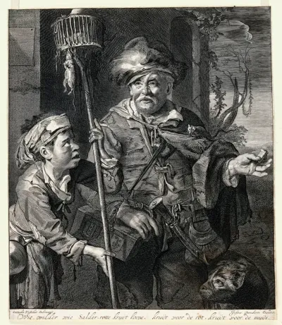 A rat-catcher in Haarlem with a rat running across his cape, holds out rat poison in his left hand; to the left a boy assistant carries a cage on a long stick with rats in it and hanging off it