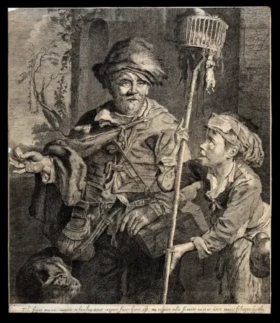 A rat-catcher in Haarlem with a rat running along his cape holds out rat poison in his right hand; to the right a boy assistant carries a cage on a long stick with rats in and hanging off it
