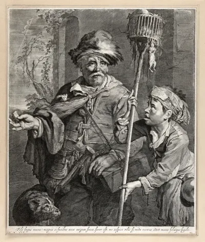 A rat-catcher in Haarlem with a rat running along his cape holds out rat poison in his right hand; to the right a boy assistant carries a cage on a long stick with rats in it and hanging off it