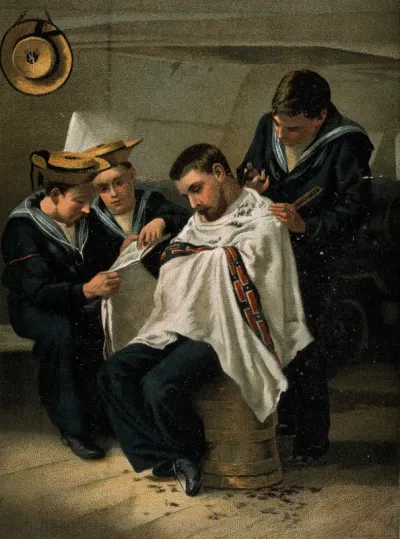 A rating having his hair cut by another seaman below deck