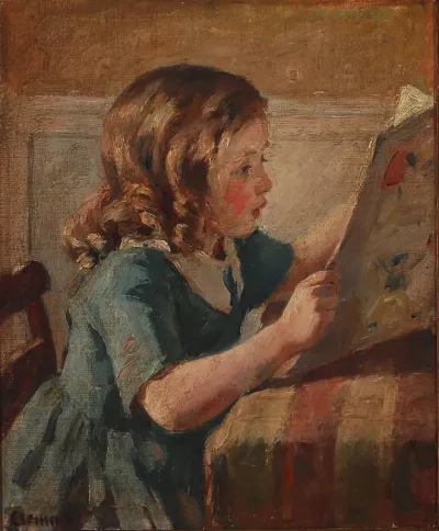 A reading girl in a blue dress.