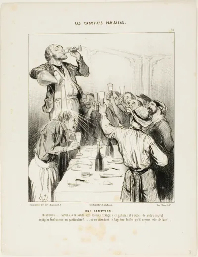 A Reception. “Gentlemen..... let's drink to the health of the French sailors in general and to the new teammate Greluchon in particular!.... and while waiting for his baptism by fire, we'll give him in the meantime one with water,” plate 10 from Les 