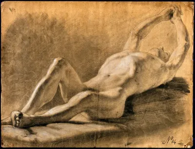 A reclining male nude clasping his hands above his head