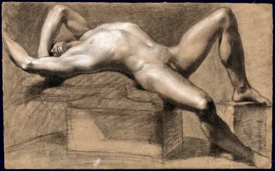 A reclining male nude with his left arm shielding his eyes