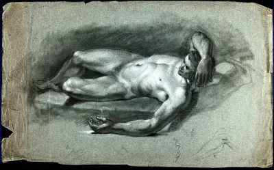 A reclining male nude with his right arm resting on his head and a fiant sketch of a leg