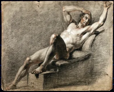 A reclining male nude with his right arm resting on his head and his left arm raised