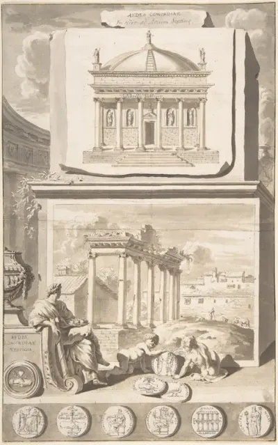 A Reconstruction of the Aedes Concordiae (above) and a View of the Ruins (below)