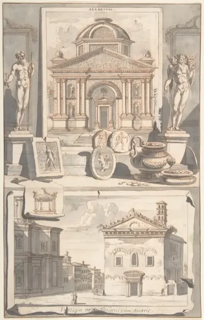 A Reconstruction of the Aerarium (above) and a View of the Ruins (below)