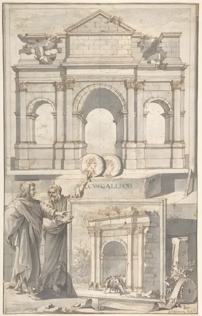 A Reconstruction of the Arch of Gallienus (above) and a View of the Ruins (below)