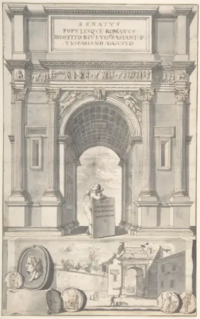 A Reconstruction of the Arch of Titus (above) and a View of the Ruins (below)