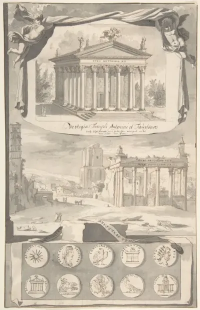 A Reconstruction of the Temple of Antonious and Faustina (above) and a View of the Ruins (below)