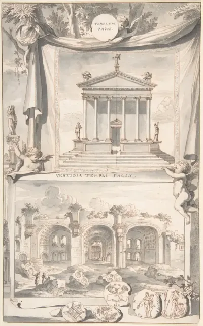 A Reconstruction of the Templum Pacis (above) and a View of the Ruins (below)