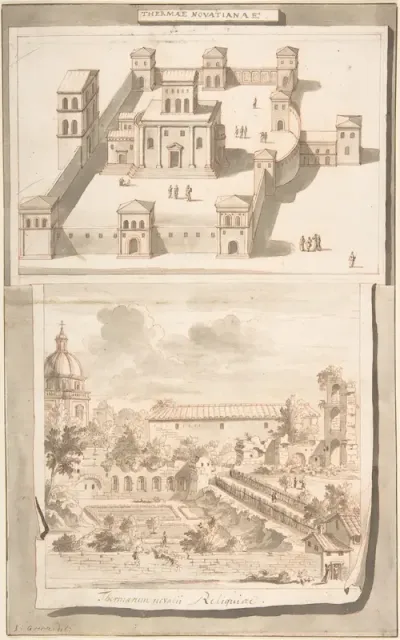 A Reconstruction of the Thermae of Novitian (above) and a View of the Ruins (below)