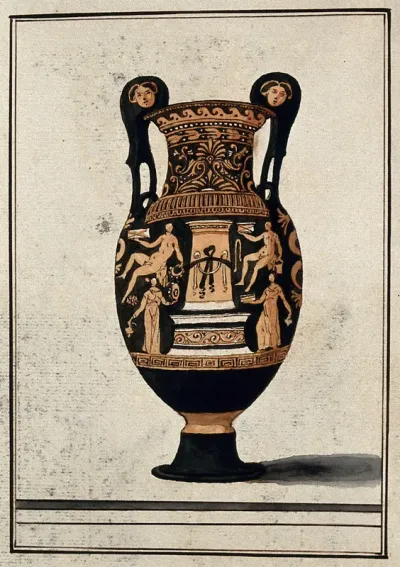 A red-figured Greek wine bowl (volute krater) also called "the Hamilton Vase", decorated with figures of men and women around a stele; volutes ornamented with female heads